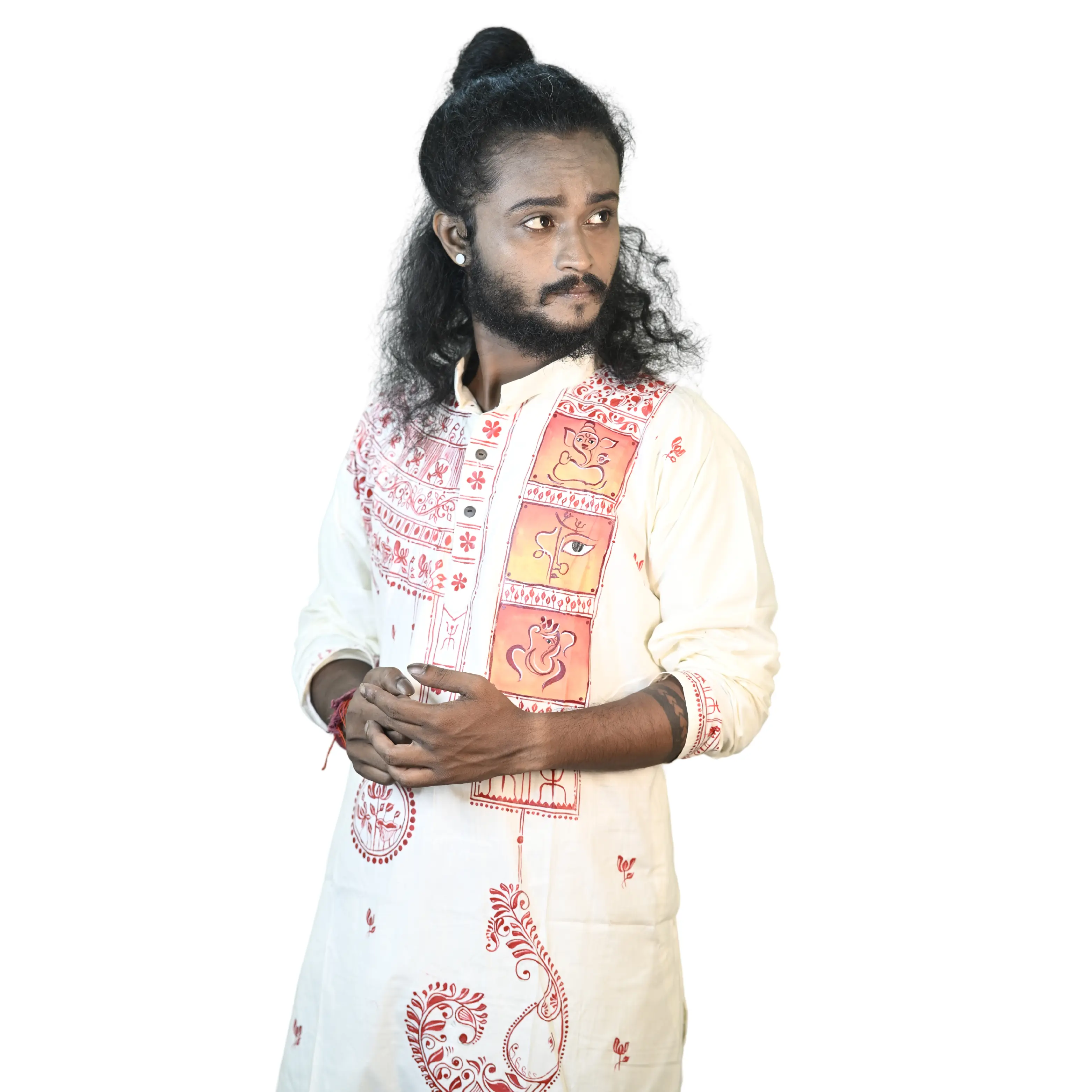 Ganesh Art Cotton Off White Panjabi - Hand Print Design